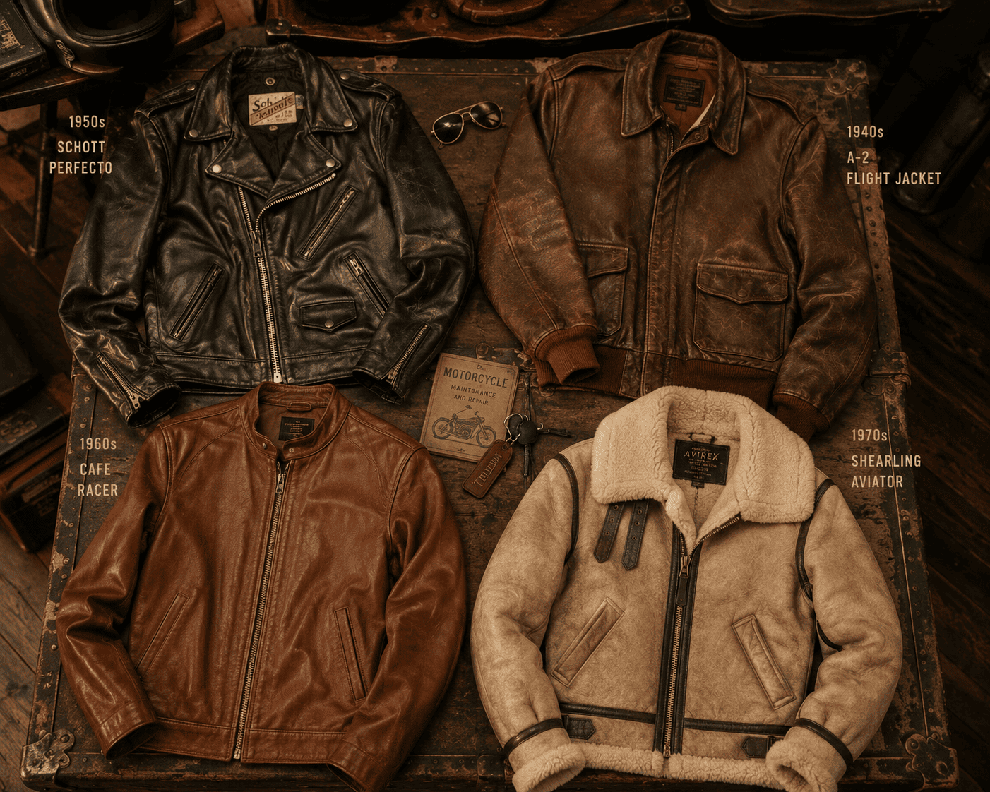 Collection of authentic vintage leather jackets including Perfecto bomber and cafe racer styles arranged on wooden surface