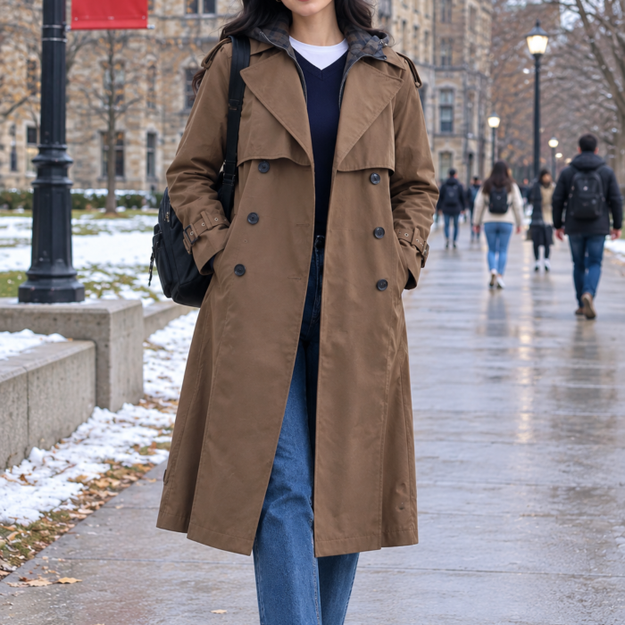 Crinkled Nylon Trench Coat with Hooded Bib Inset