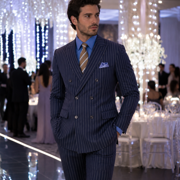 Double Breasted Stripe Suit Navy Regular Fit 2 Piece