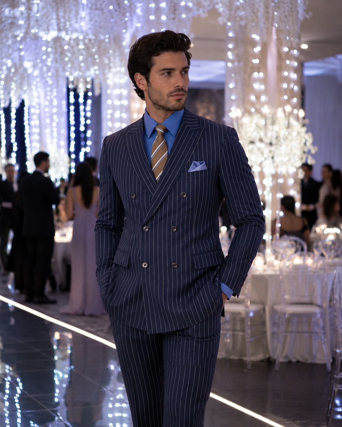Double Breasted Stripe Suit Navy Regular Fit 2 Piece