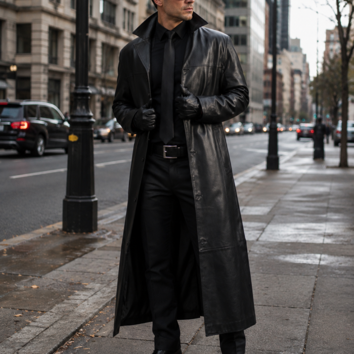 Full Length Black Faux Leather Long Steampunk Overcoat