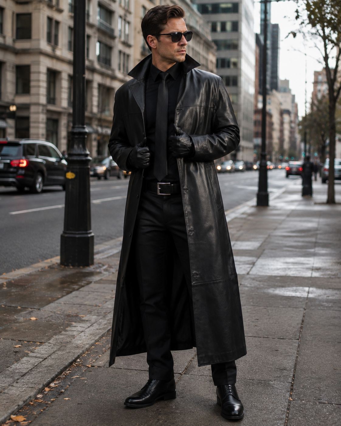 Full Length Black Faux Leather Long Steampunk Overcoat