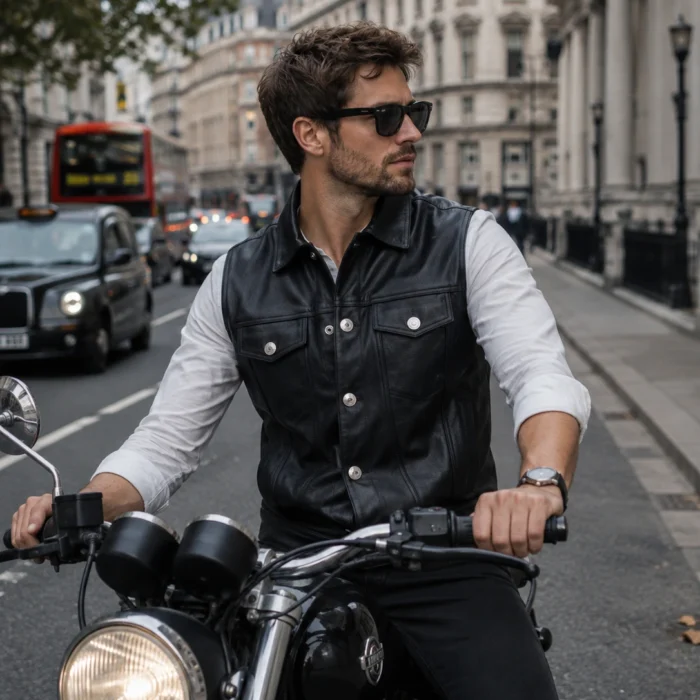 Men's Black Motorcycle Leather Vest