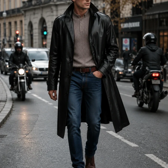 Men's Casual Faux Leather Long Coat