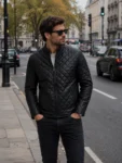 Men's Classic Style Black Leather Quilted Jacket