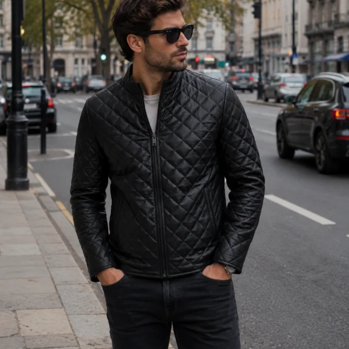 Men's Classic Style Black Leather Quilted Jacket