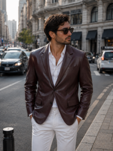Mens Maroon Long Sleeves Leather Blazer