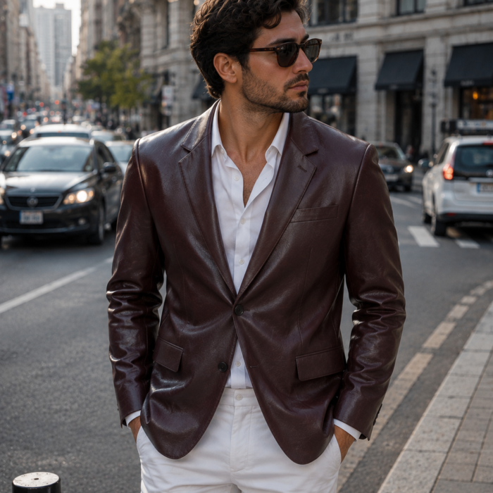 Mens Maroon Long Sleeves Leather Blazer