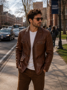 Mens Natural Brown Leather Blazer Jacket