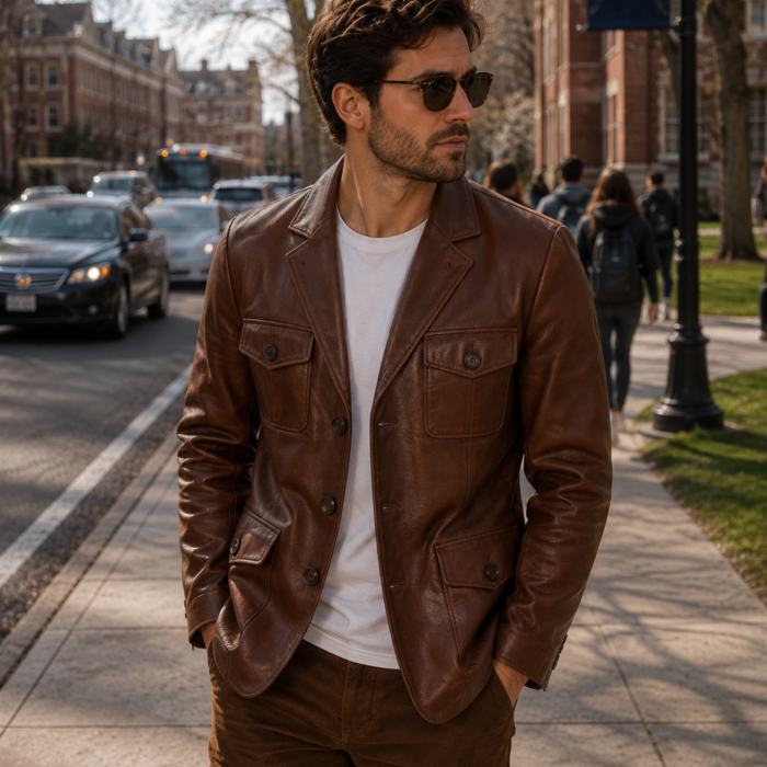 Mens Natural Brown Leather Blazer Jacket