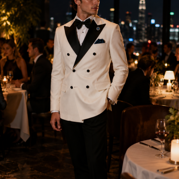 Textured Modern Fit White 2 Piece Double Breasted Tuxedo
