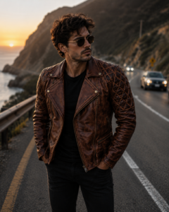 Vintage Diamond Brown Quilted Leather Jacket