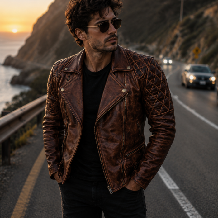 Vintage Diamond Brown Quilted Leather Jacket