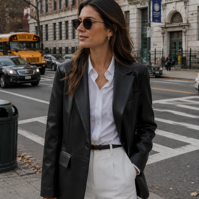 Women Black Oversized Leather Coat Blazer