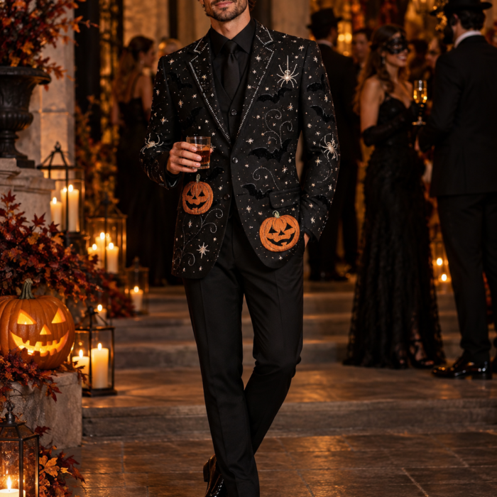 Black Embroidered Pumpkin, Bat & Spider Halloween Suit