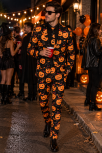 Men’s 2-Piece Pumpkin & Bat Halloween Blazer & Tie Set