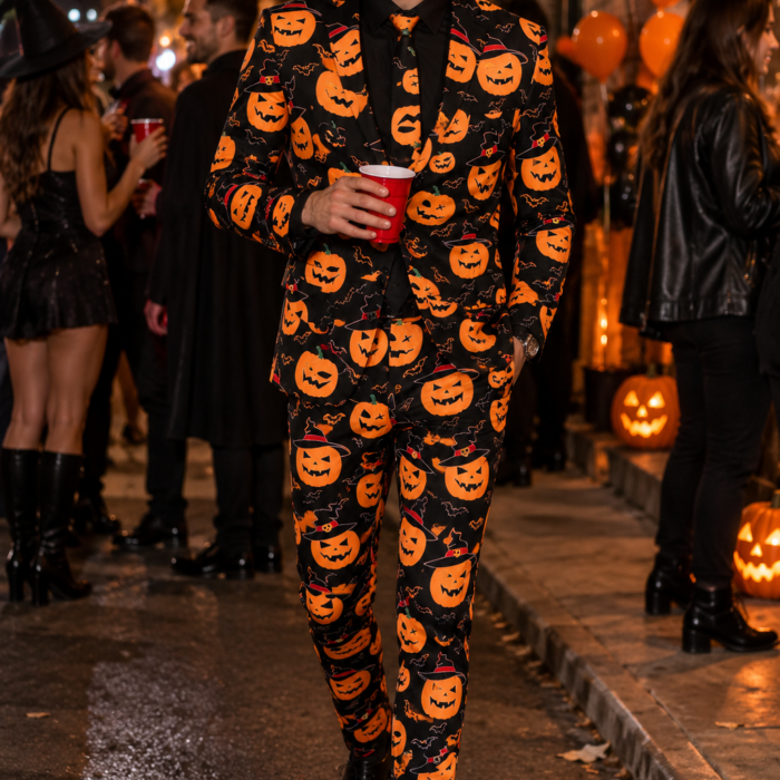 Men’s 2-Piece Pumpkin & Bat Halloween Blazer & Tie Set