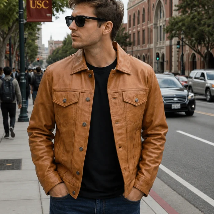 Men's Camel Brown Trucker Leather Jacket
