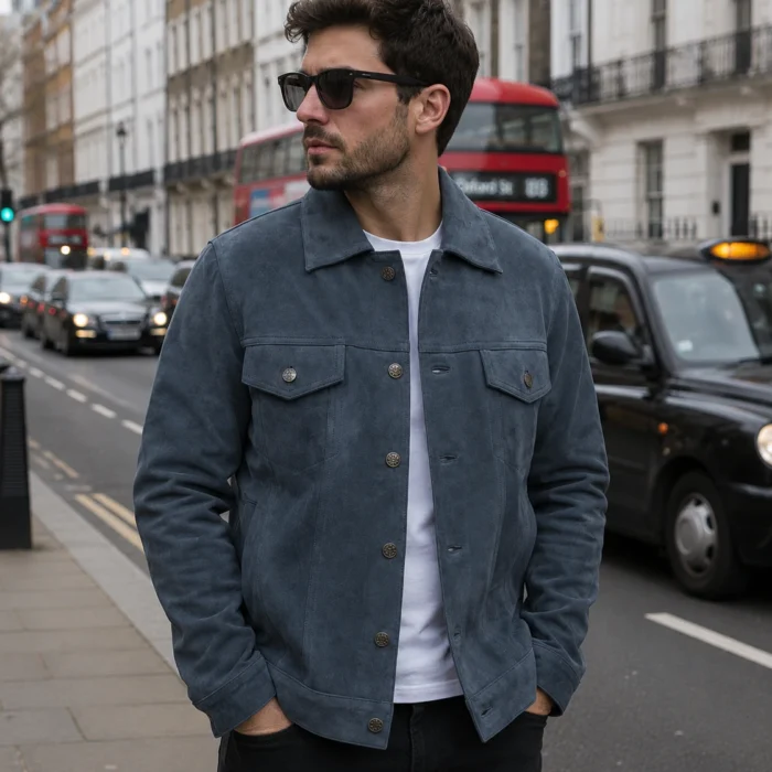 Men's Grey Suede Trucker Leather Jacket