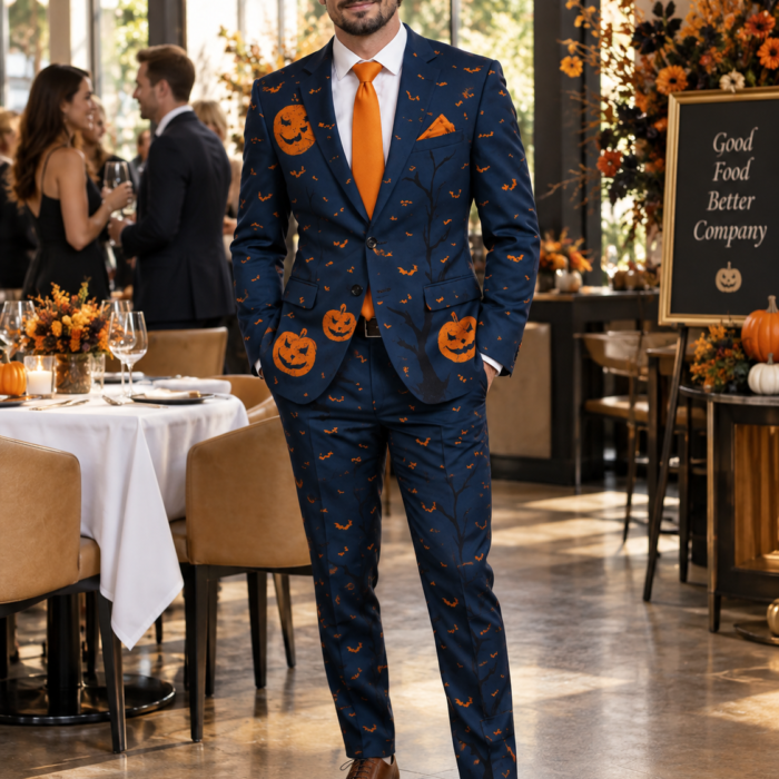 Navy Embroidered Halloween Pumpkin Suit