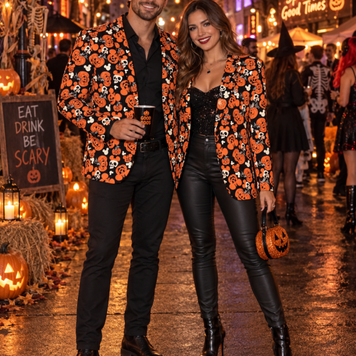 Orange Pumpkin & Skull Print Halloween Costume Suit