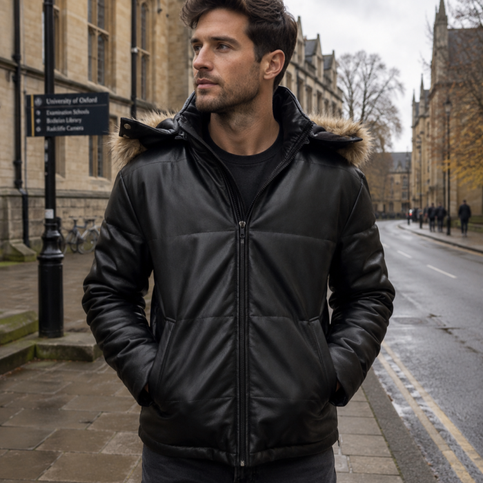 Unisex Vegan Leather Hooded Puffer Jacket