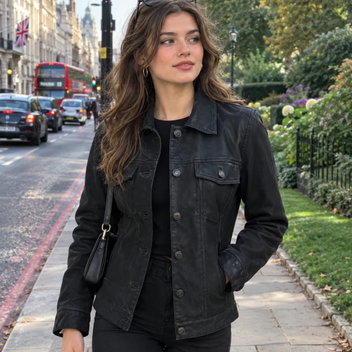 Women's Black Leather Trucker Jacket