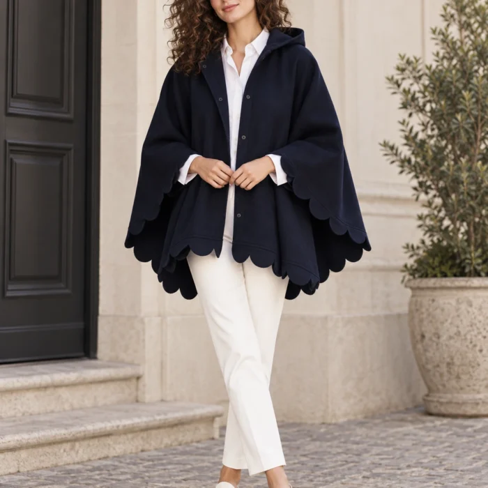 Women's Navy Blue Hooded Button Poncho