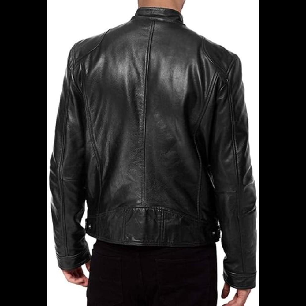 Men’s Black Leather padded shoulder Biker Jacket - Image 2