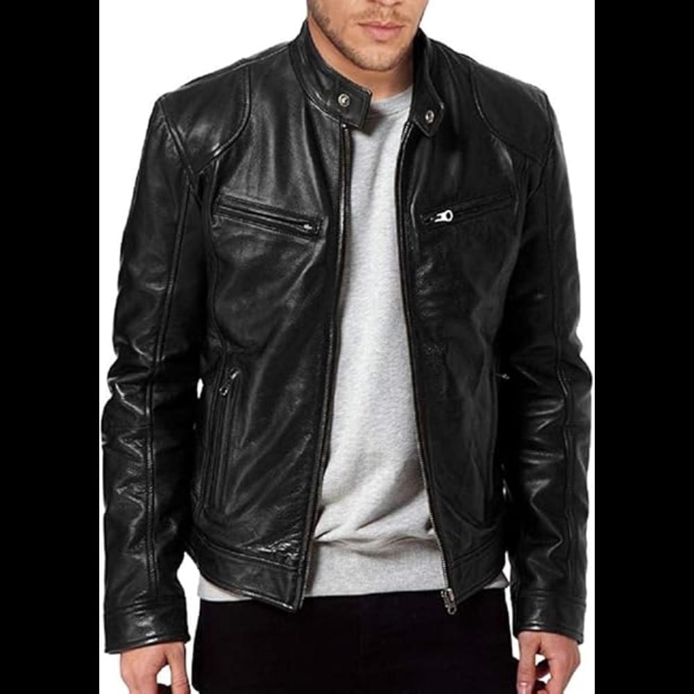 Men’s Black Leather padded shoulder Biker Jacket