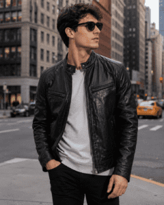 Men’s Black Leather Padded Shoulder Biker Jacket
