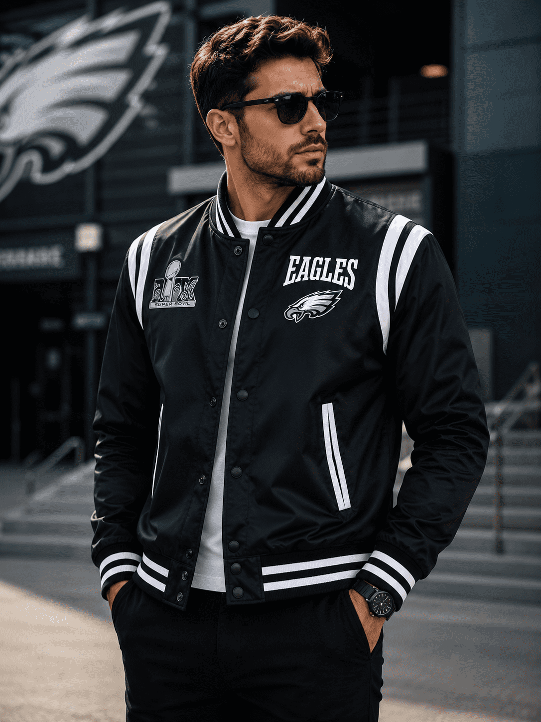 Super Bowl LIX Champions Philadelphia Eagles Black Letterman Jacket