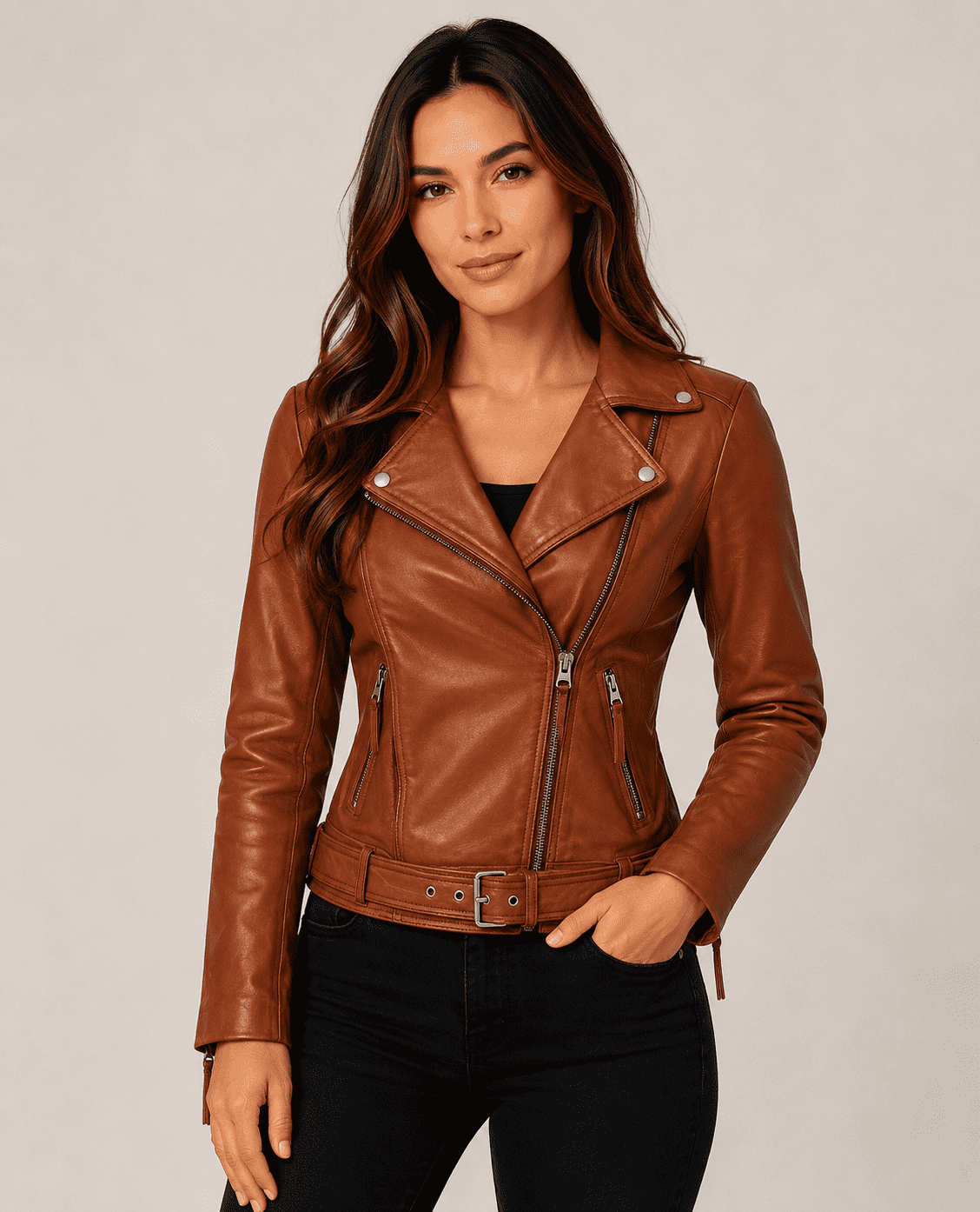 Amber Womens Cognac Asymmetrical Leather Moto Jacket