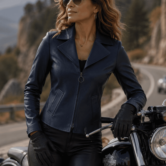 Falcon Womens Blue Biker Style Leather Jacket