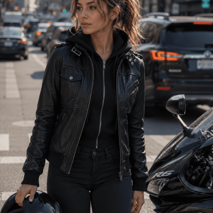 Women Hooded Black Leather Bomber Jacket