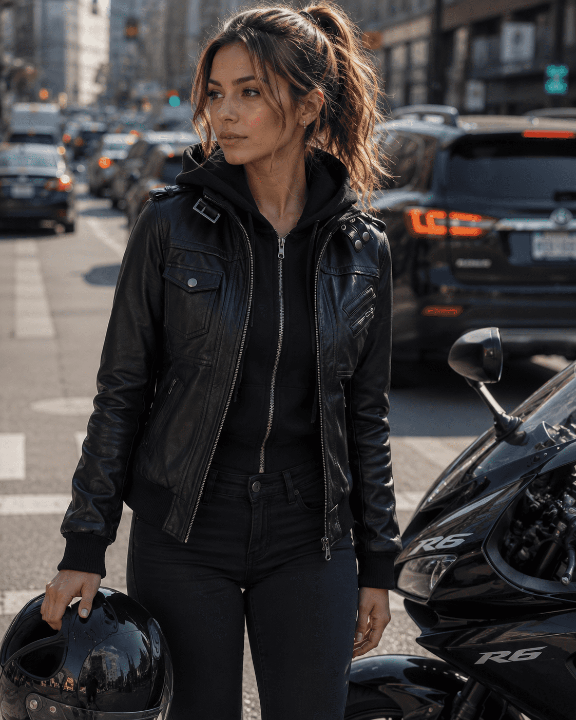 Women Hooded Black Leather Bomber Jacket