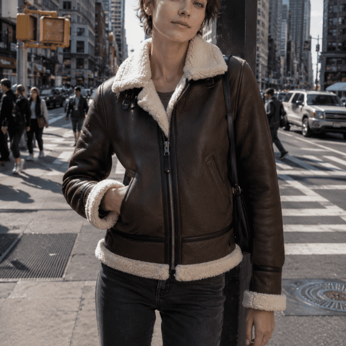wear this jacket to a young women with short hairs and long hiegted women white usa and greyish eyes on street of newyork