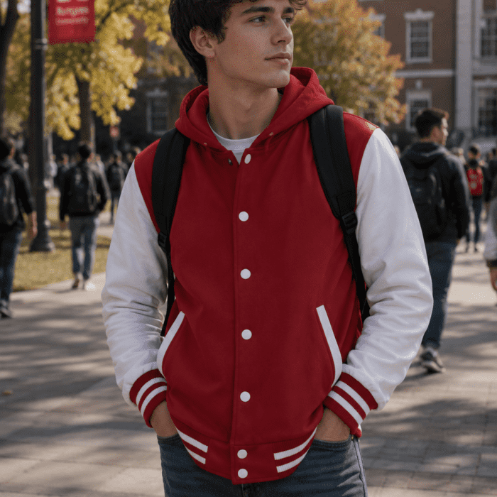 Men's Red Varsity Jacket Genuine White Leather Sleeves Wool