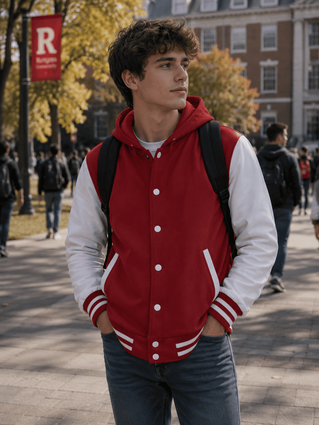 Men's Red Varsity Jacket Genuine White Leather Sleeves Wool