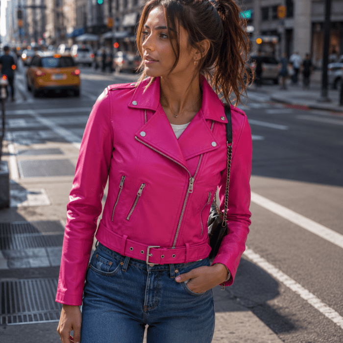 Asymmetrical Leather Hot Pink Jacket Womens